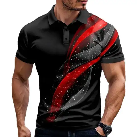 Colorful line pattern men's polo shirt fashion trend lapel button 3D color block printing polo shirt casual shirt