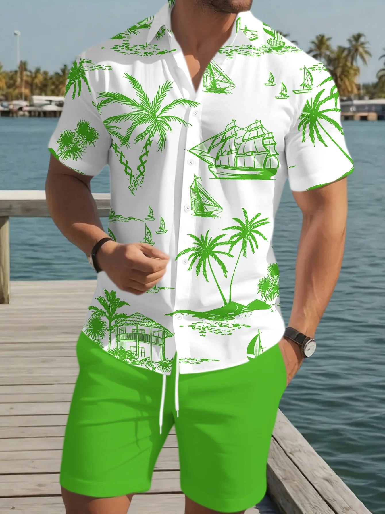 Ensemble décontracté pour homme, collection été 2026 : Chemise imprimée paysage de cocotiers et voilier et short de sport décontracté pour la plage