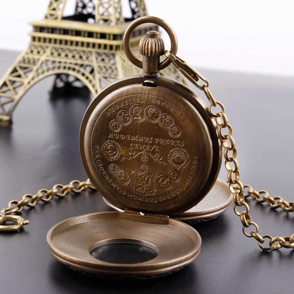 Cronografo vintage in bronzo con luna, orologi da tasca meccanici per uomo, collana, catena, regali, orologio a carica manuale