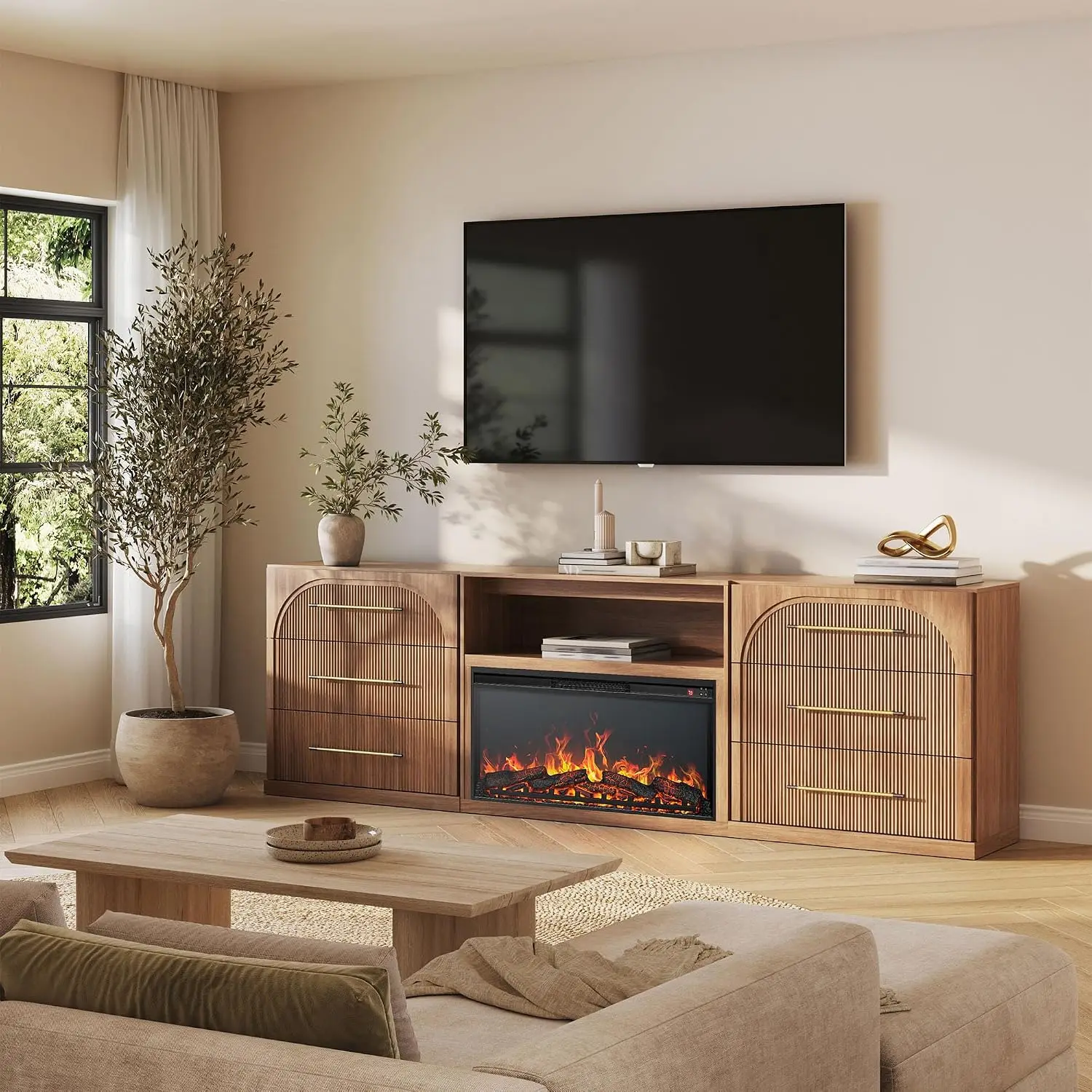 Jagger 105" TV Stand with 36" Electric Fireplace - Camel