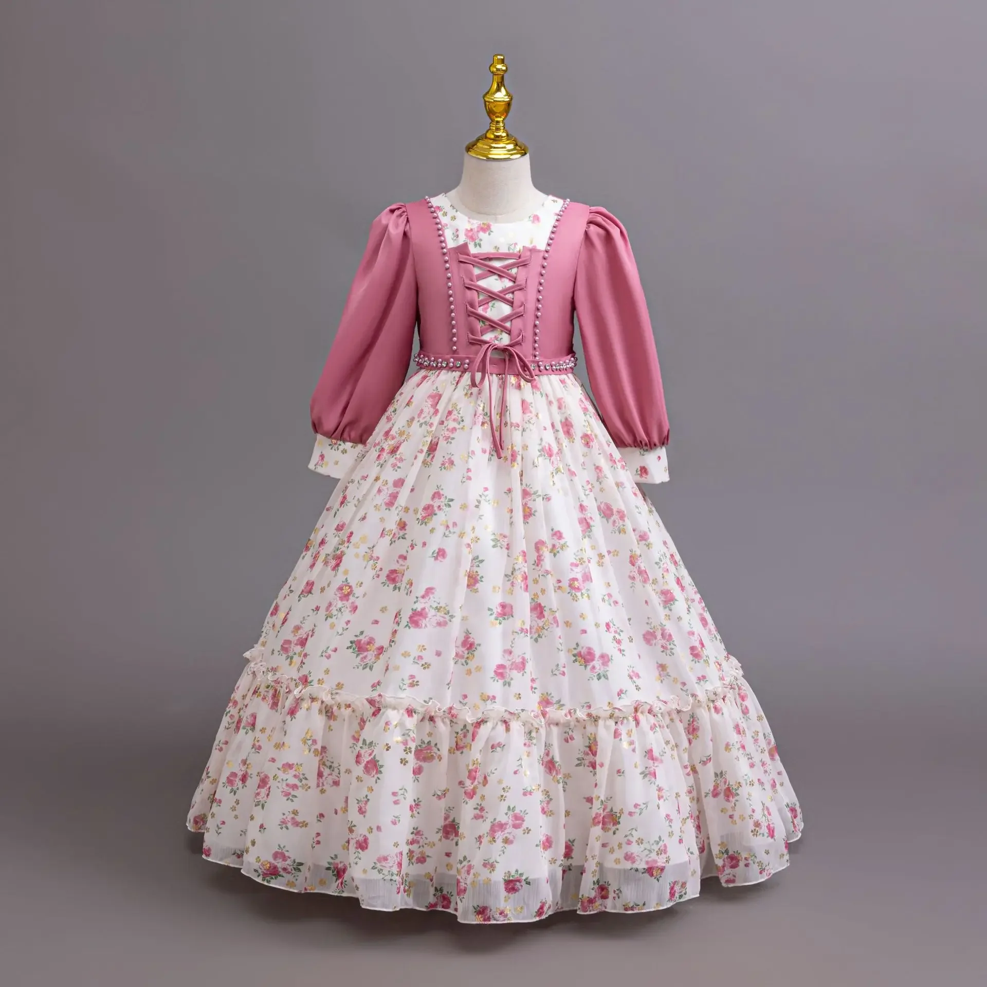 Girls Elegant Long Sleeve Flowy Chiffon Bridesmaid Dress Children's Floral Criss-Cross Wedding Party Ball Gowns 3-12Y