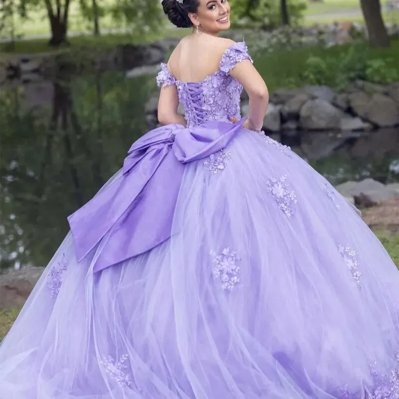 Vestidos De quinceañera con flores 3D lavanda, lazo grande con cuentas De encaje, Vestidos De baile De princesa Cenicienta, 15 años