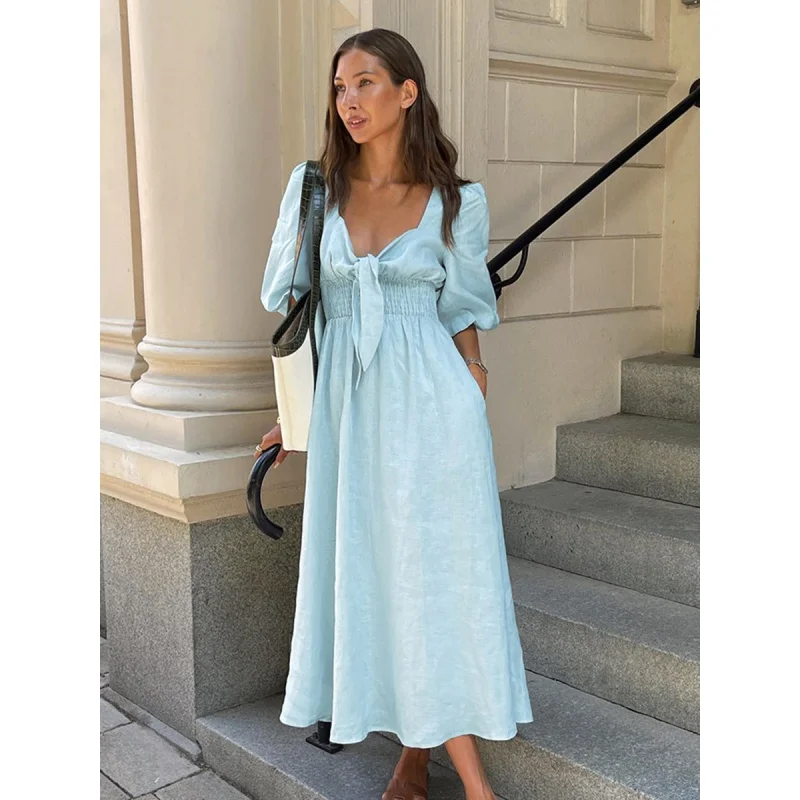 

Light Blue Cotton Linen Dress French Women's Clothing 2024 Spring Puff Sleeve High Waist A- line Skirt Loose Casual Long Dress F