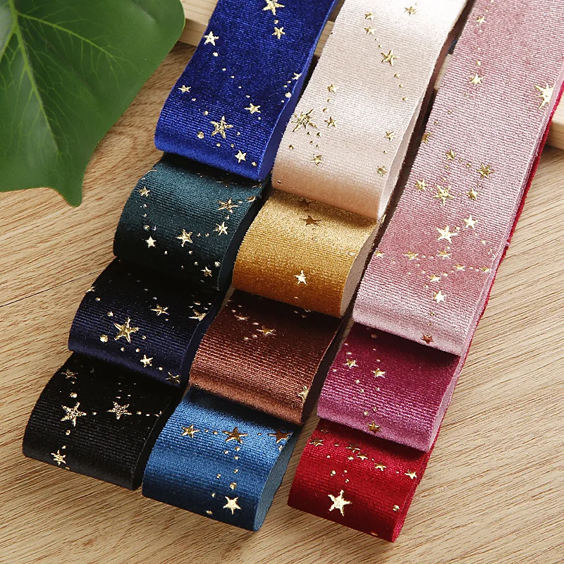 

10yards Star Velvet Ribbon Single Face Gold Star Foil Velvet Ribbons for DIY Clothing Accessories Hair Bows Hat Decor Supplies