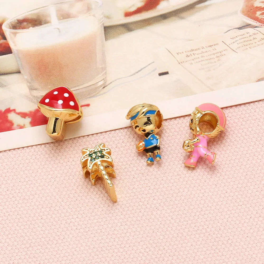 OCESRIO Fashion Enamel Sports Girl Boy Charms for Bracelet Copper Gold Plated Mushroom Palm Jewelry Making Supplies chma300