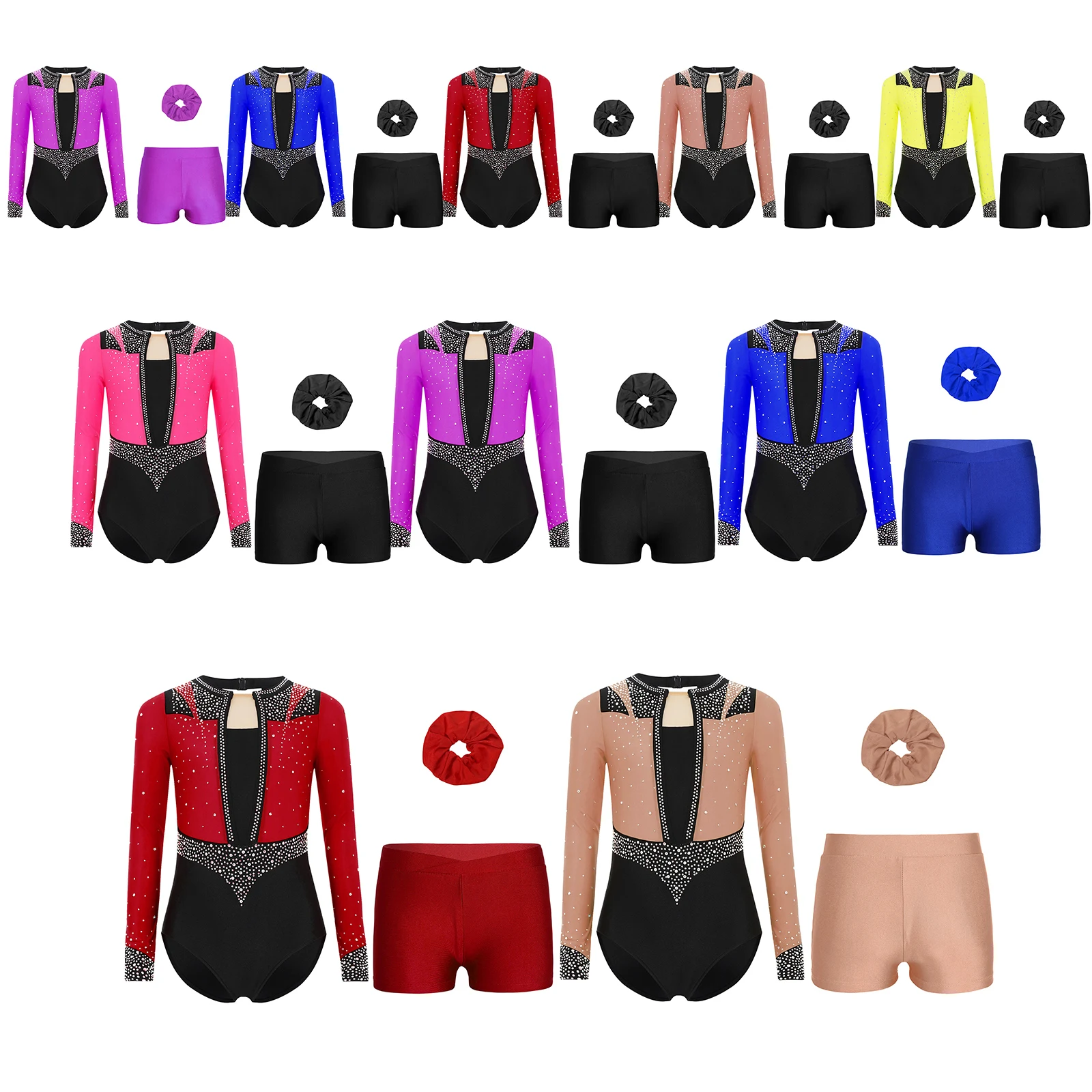 3ピースバレエダンス衣装セット-女の子用-長袖キーホールバックレオタードとお揃いのショートパンツ-ヘアバンド付き-フィギュアスケートショー用