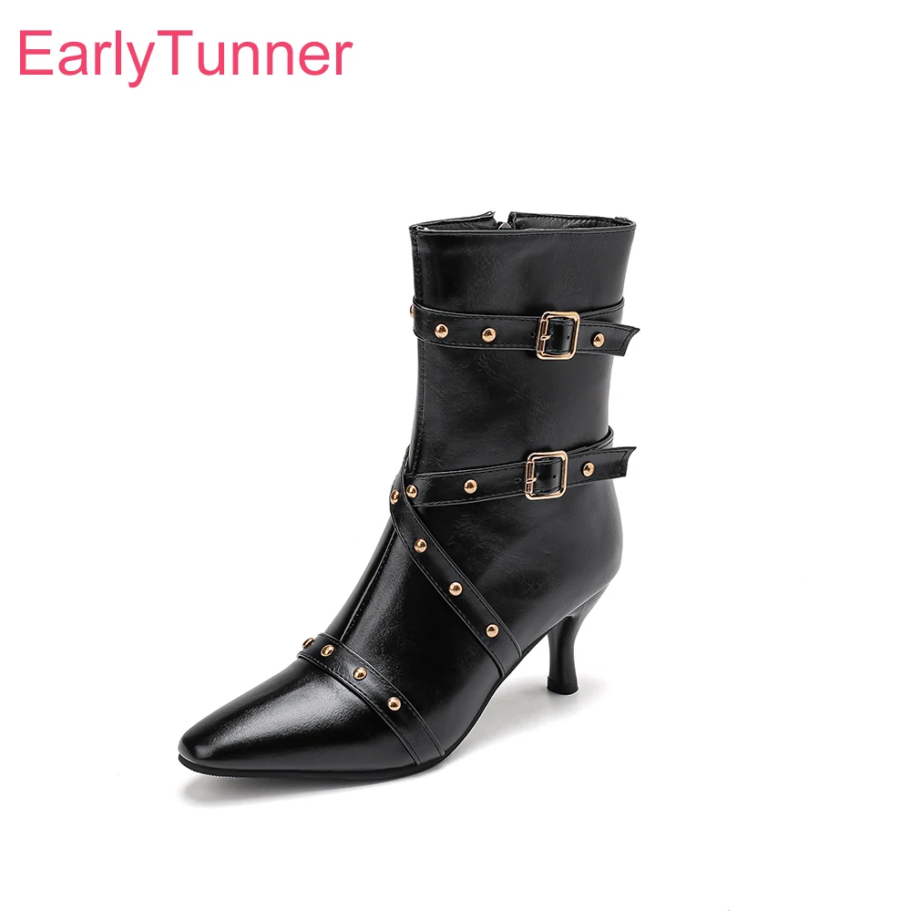 

2025 New Winter Mature Black Brown Women Mid Calf Boots Pointed Toe High Thin Heel Lady Shoes Plus Small Big Size 10 32 43