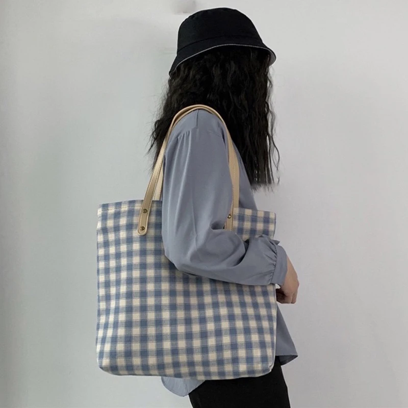 

Square Grid Canvas Bag Women S Shoulder Bag Japanese Style Large Capacity