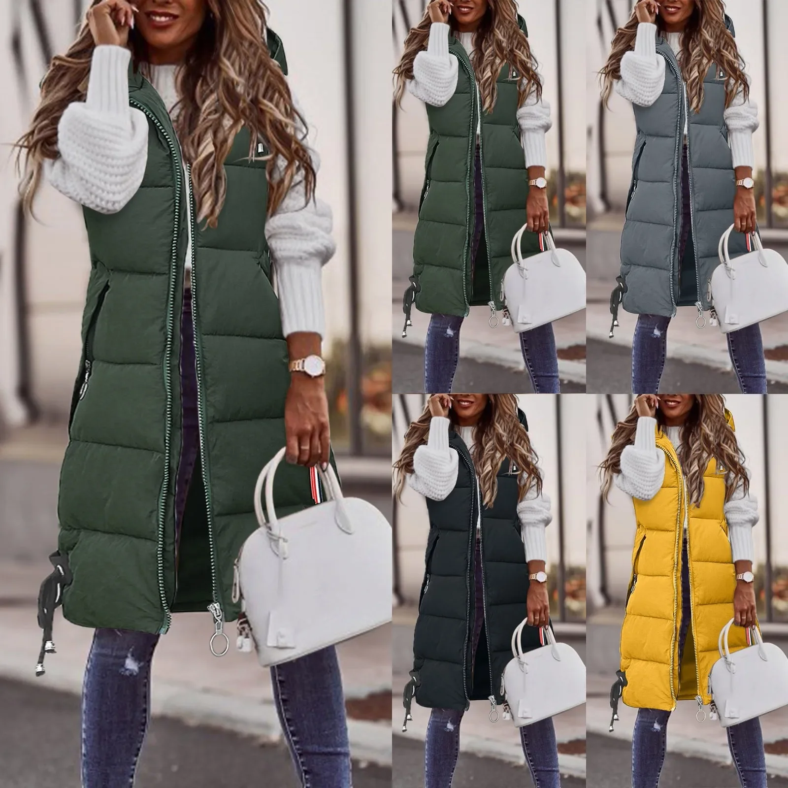 

Women Solid Hooded Vest Zipper Pocket Loose Womens Vests Outerwear Sleeveless Jacket Long Coat Vests Woman Winter 2023 Coats