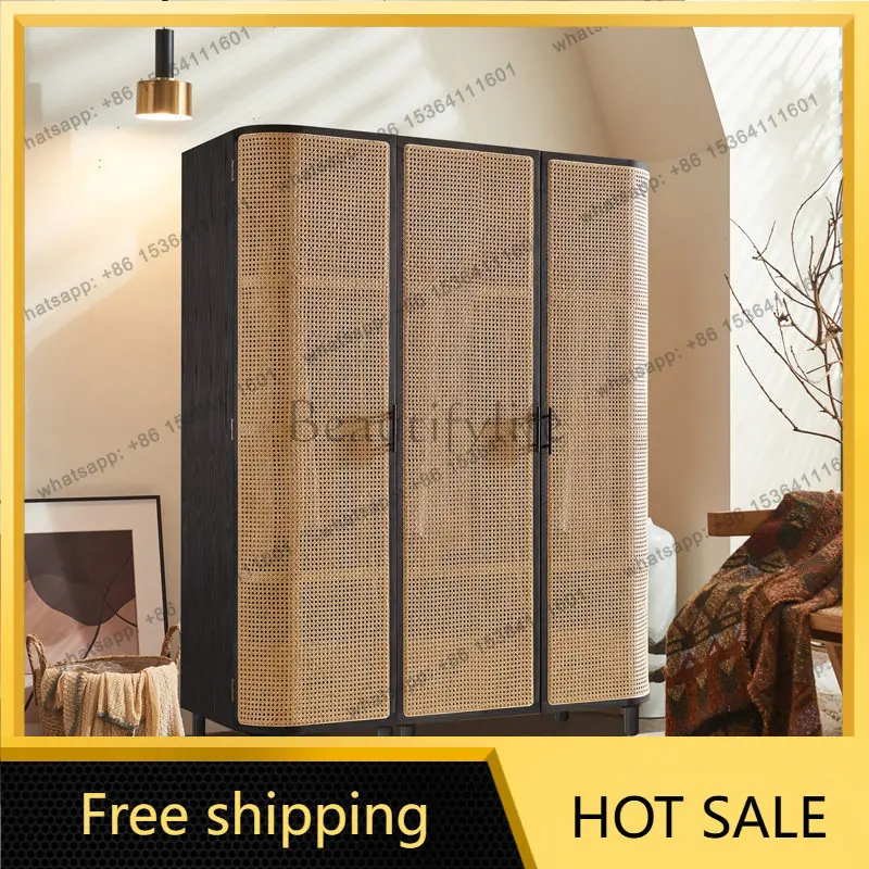 LD Nordic solid wood rattan wardrobe swing door bed and breakfast bedroom storage cabinet