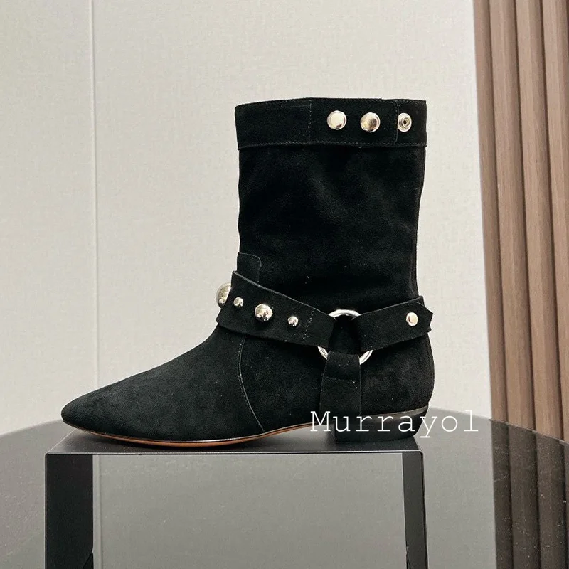 Sapi Suede sepatu bot pendek untuk wanita, sepatu bot Modern ujung runcing datar setengah betis, keling logam dekoratif musim semi musim gugur Chelsea