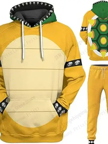 Men's Sets Anime Cartoon Bowser 3d Print Sets Men Women Fashion Hoodie+Pant 2 Piece Sets Cosplay Tracksuit Suit Mens Clothing