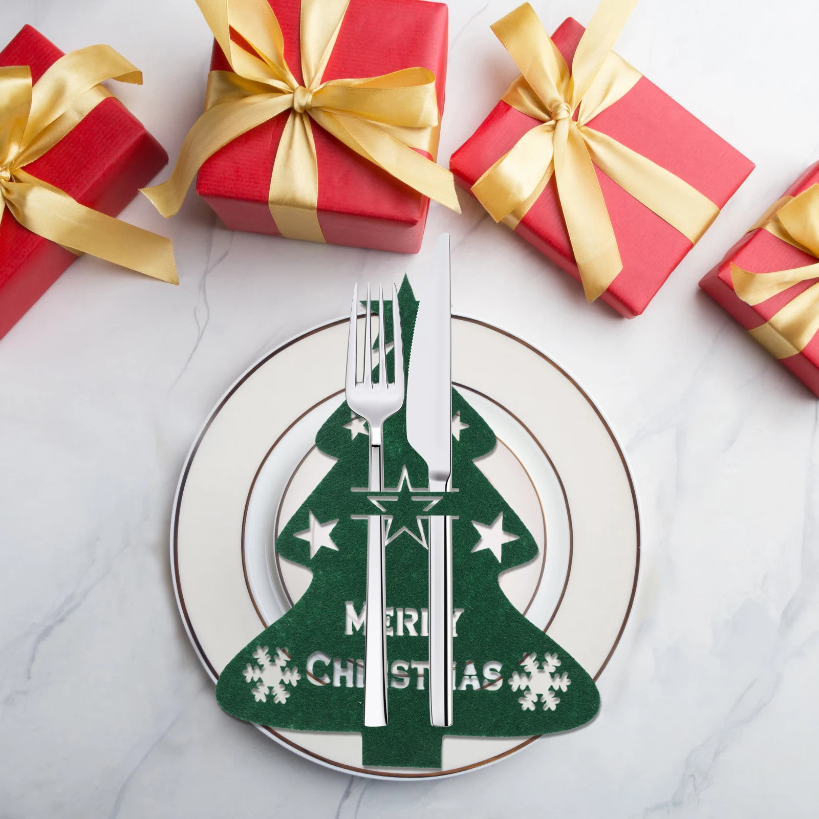 

4 Pcs Christmas Tree Knife and Fork Suit Felt Silverware Holder Holiday Friendsgiving Utensils Cutlery Cloth