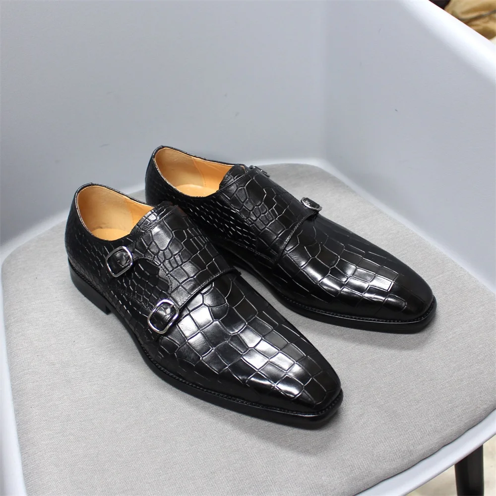 Men's Classic Elegant Black Leather Monk Shoes with Buckle Crocodile Pattern for Office Wedding and Party Dress