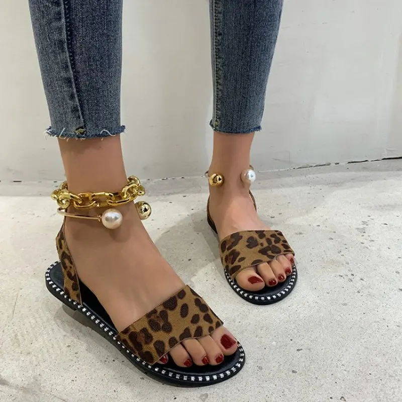 

New Leopard Print Summer Women Beaded Sandal Slippers Shoes Women Flats Flip Flop Casual Flat Slingback Sandals Fashion Plus Siz