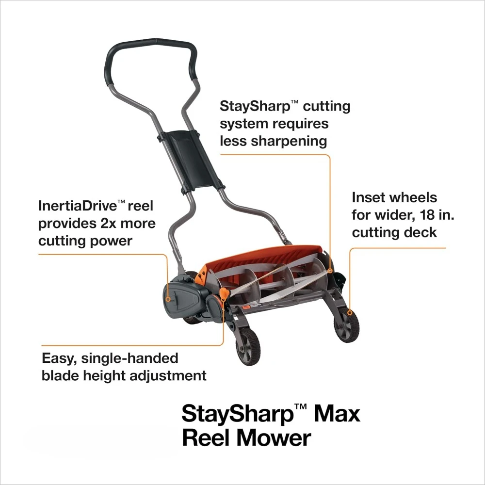 Push Reel Lawn Mower, StaySharp Max, Manual Eco-Friendly Cordless Grass Trimmer, 18