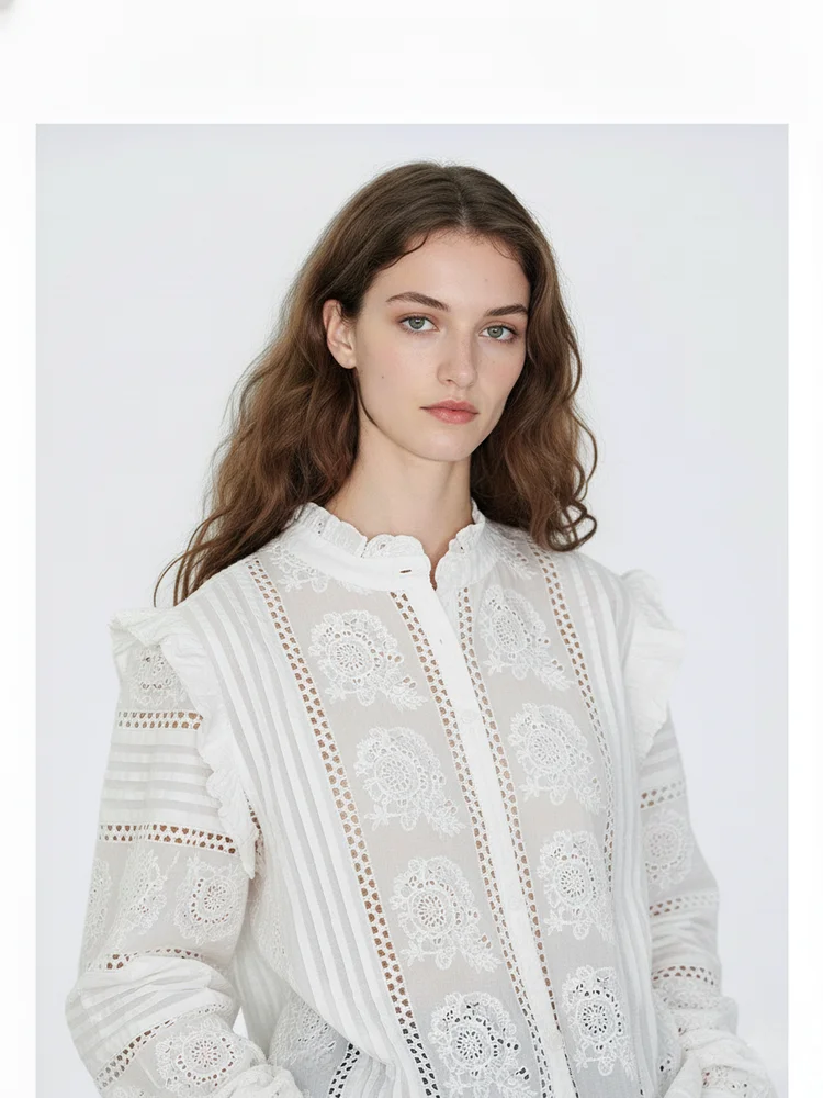 

Retro Baroque Embroidered Long Sve Cotton Heavyweight Lace Hollow out Ruffle Trim irt Women's Autumn Faion French Sle