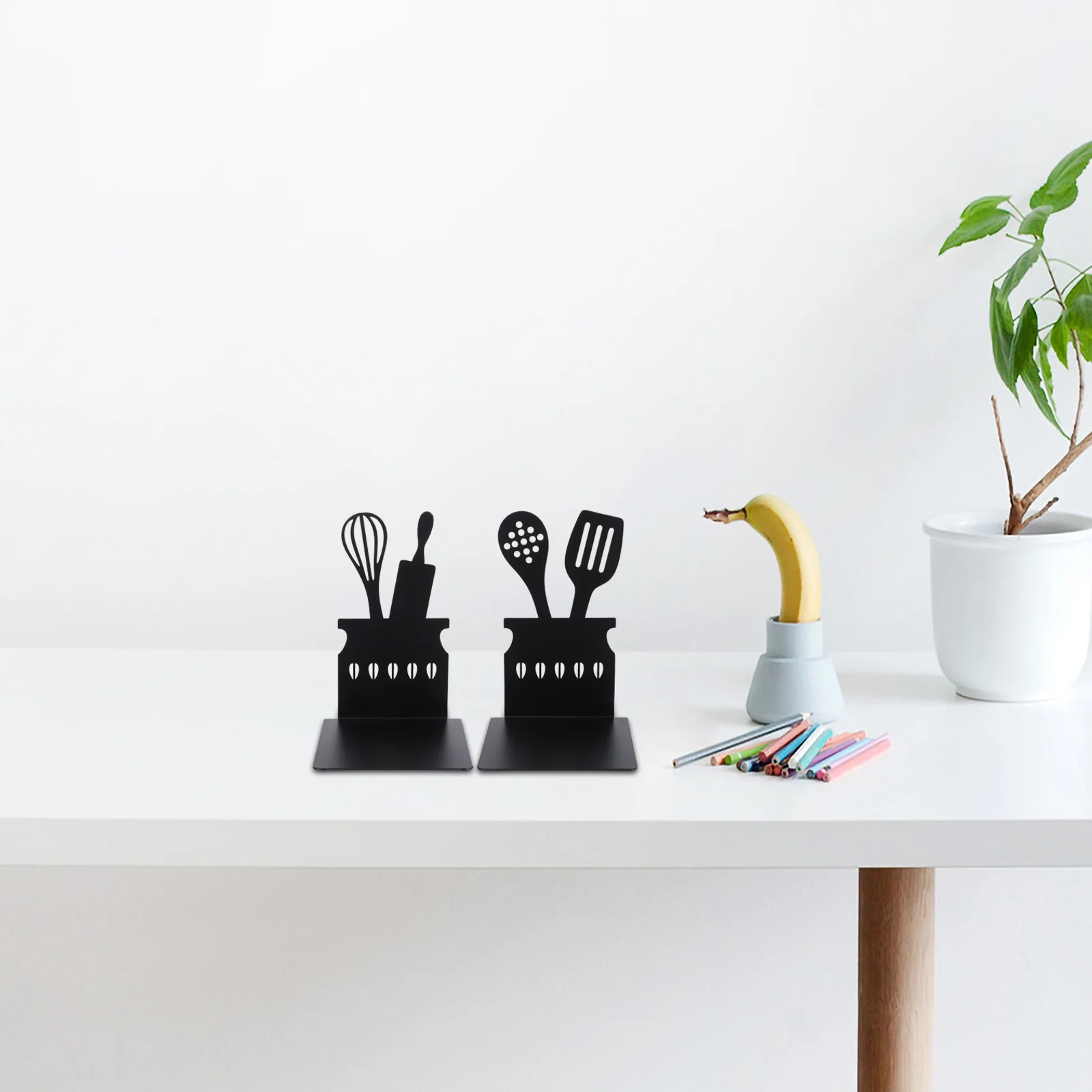 

2pcs 1 Pair Of Kitchenware Pattern Bookends Metal Desktop Organizer For Books Files Magazines Study Room Office Home Decor Shelf