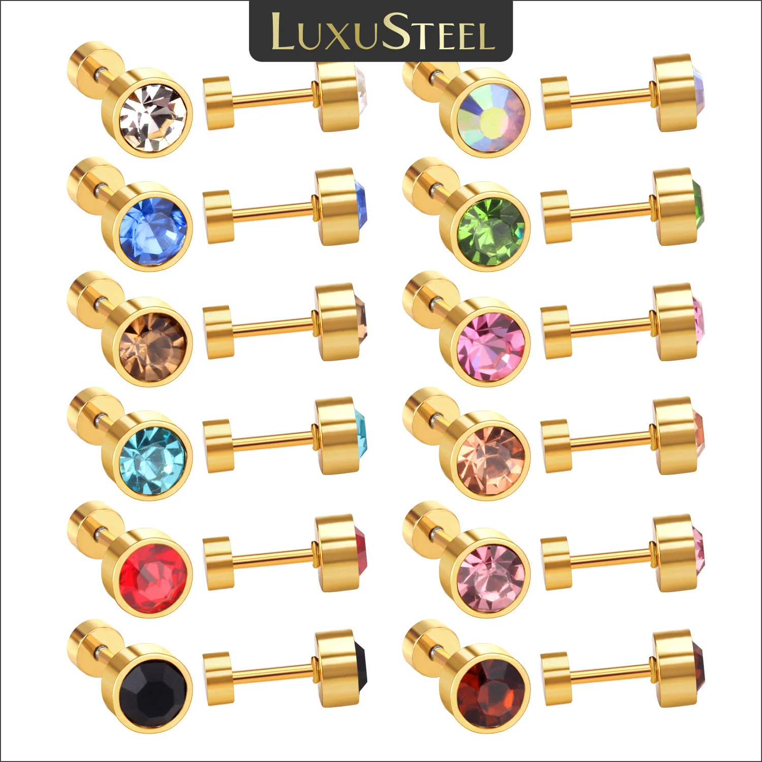 Luxusteel-女性用キュービックジルコニアスクリューイヤリング,3mm, 6mm, 12ペア,カラーラウンド,ブリリアントクリスタル,抗アレルギー