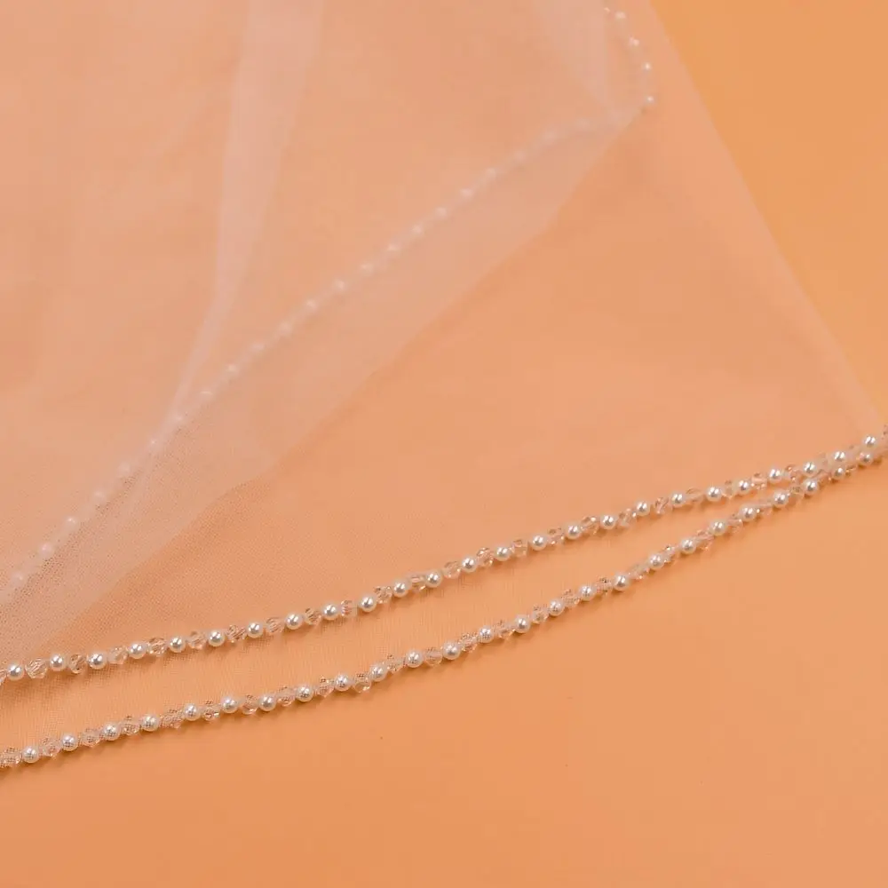 Wedding Veil with Crystal Edge Bridal Veils Pearls Beads Wedding Accessories for Bride1 Tier Fingertip Length Soft Tulle V34 image 3