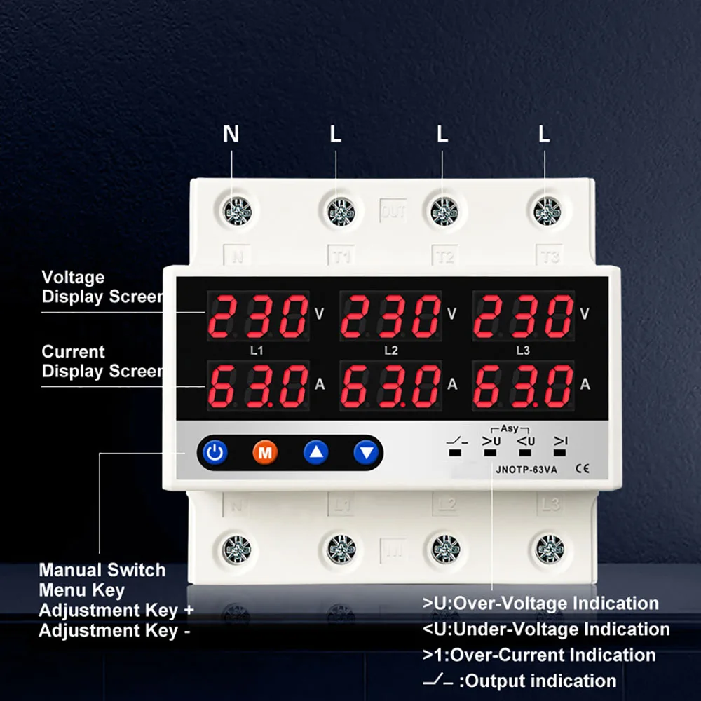 Din Rail 3 Phase Voltage Relay 3P+N Voltmeter Ammeter Over and Under Voltage Monitor Relays Protector Adjust Current Overvoltage