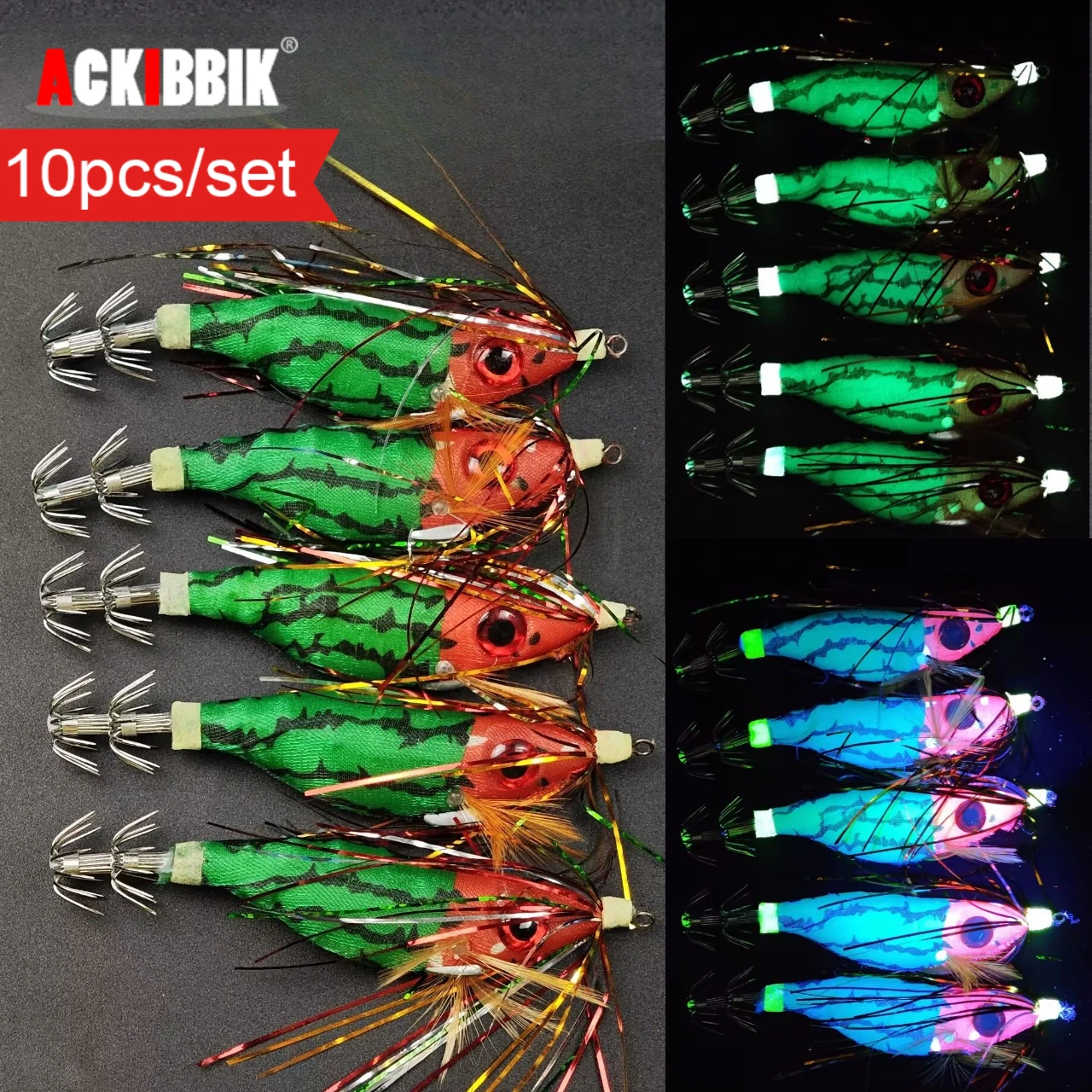 10er-Set Horizontale Tintenfisch-Jigs, 10cm, leuchtend UV-bewirbelnd, für Sepia und Oktopus, Salzwasser-Meeresangeln, Holz-Garnelenköder
