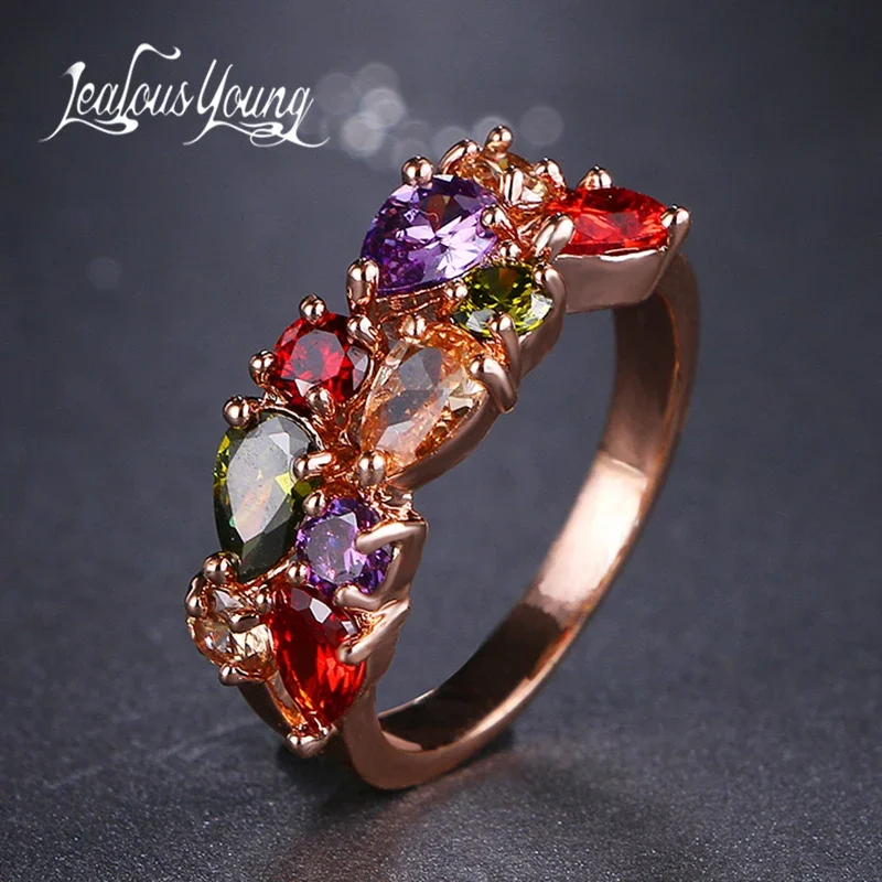 Classic Multicolor Water Drop Cubic Zircon Engagement Ring Rose Gold Color Mona Lise Bague Female Jewelry AR017