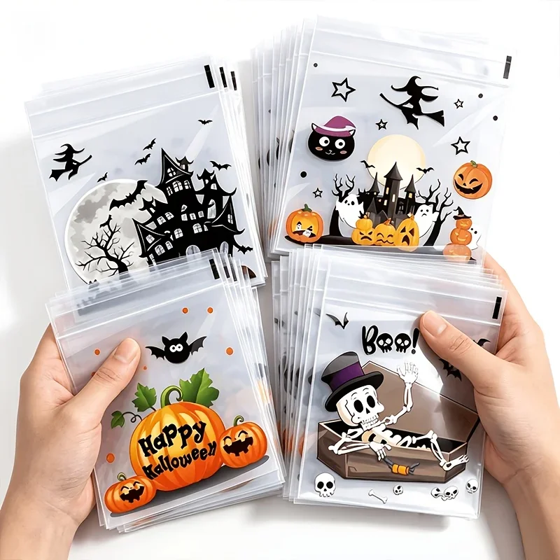 100 Stück kleine Halloween-Leckerlibeutel, transparente selbstklebende Süßigkeitentüten, Plastik-Kekstüten für Süßes oder Saures, Halloween-Geschenktüten – Detail 2
