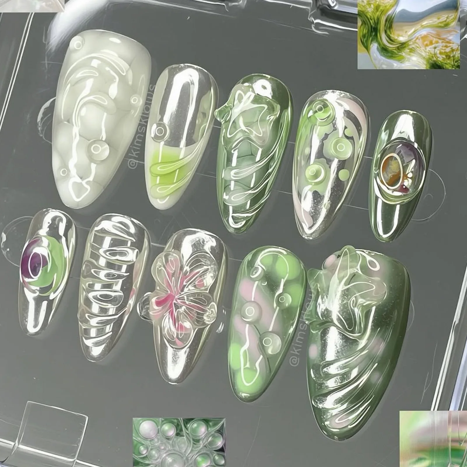 24Pcs Mid-length Almond Green Fake Nails Detachable Liquid Silver Flower Press on Nail Set Oval Shape Acrylic False Finger Nail