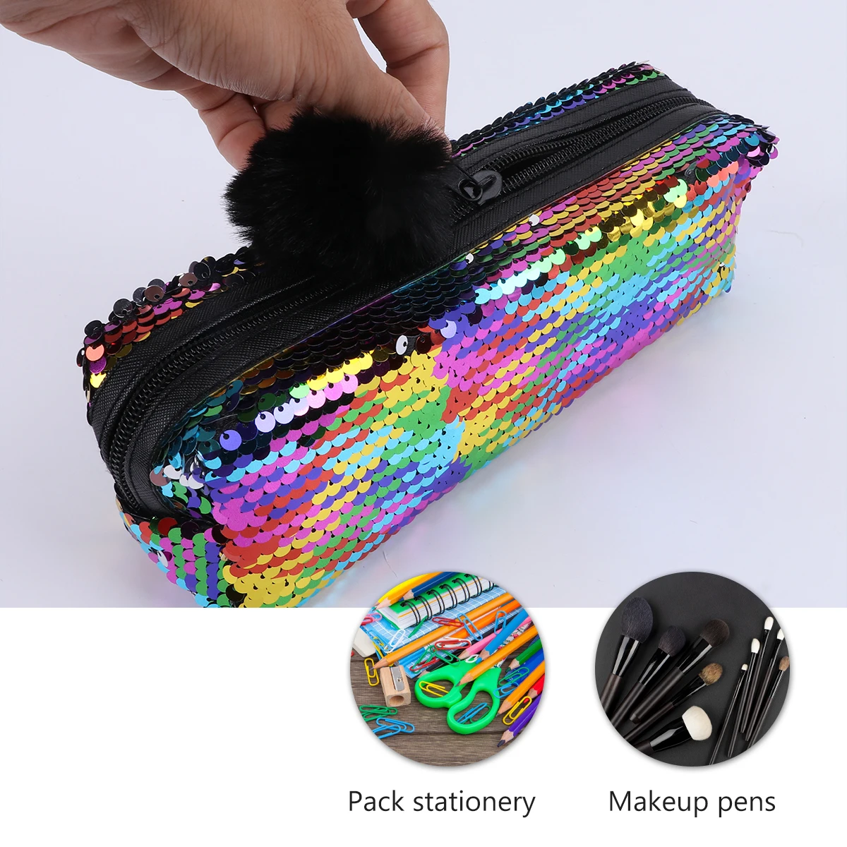 

1pc Sequined Pencil Bag Mermaid Glitter Zipper Pouch Durable Stationery Storage Organizer Bag Multifunction Pencil