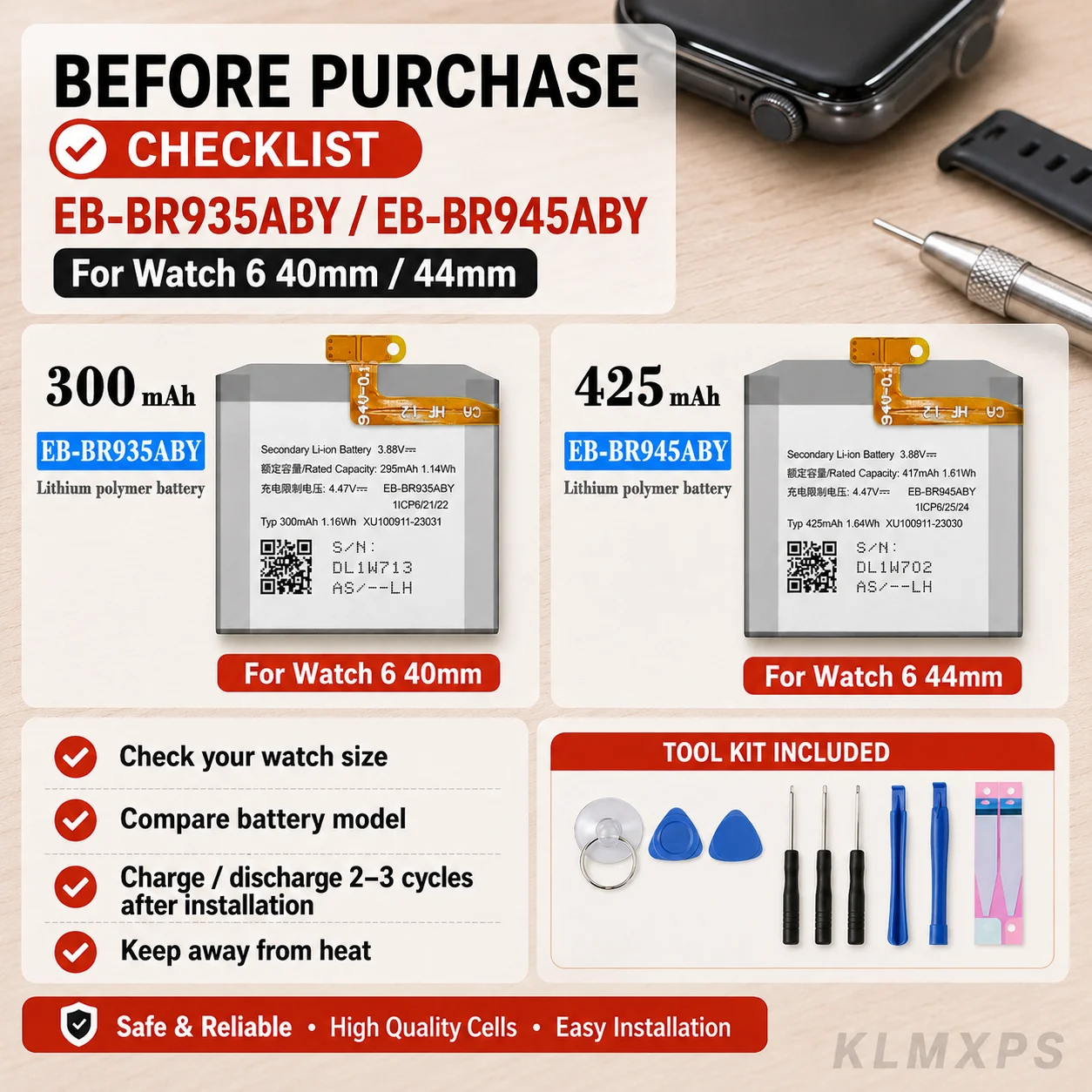 EB-BR935ABY EB-BR945ABY High Quality Battery For Samsung Galaxy Watch 6 40mm 44mm SM-R930 SM-R935 Smart Watch + Tool Kit image 6