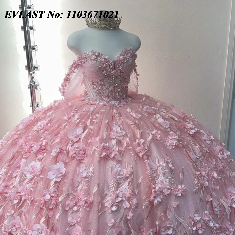 EVLAST-vestido mexicano rosa quinceanera, aplique floral 3D com espartilho arco, vestido de baile Sweet 16, XV 15 e SQ18