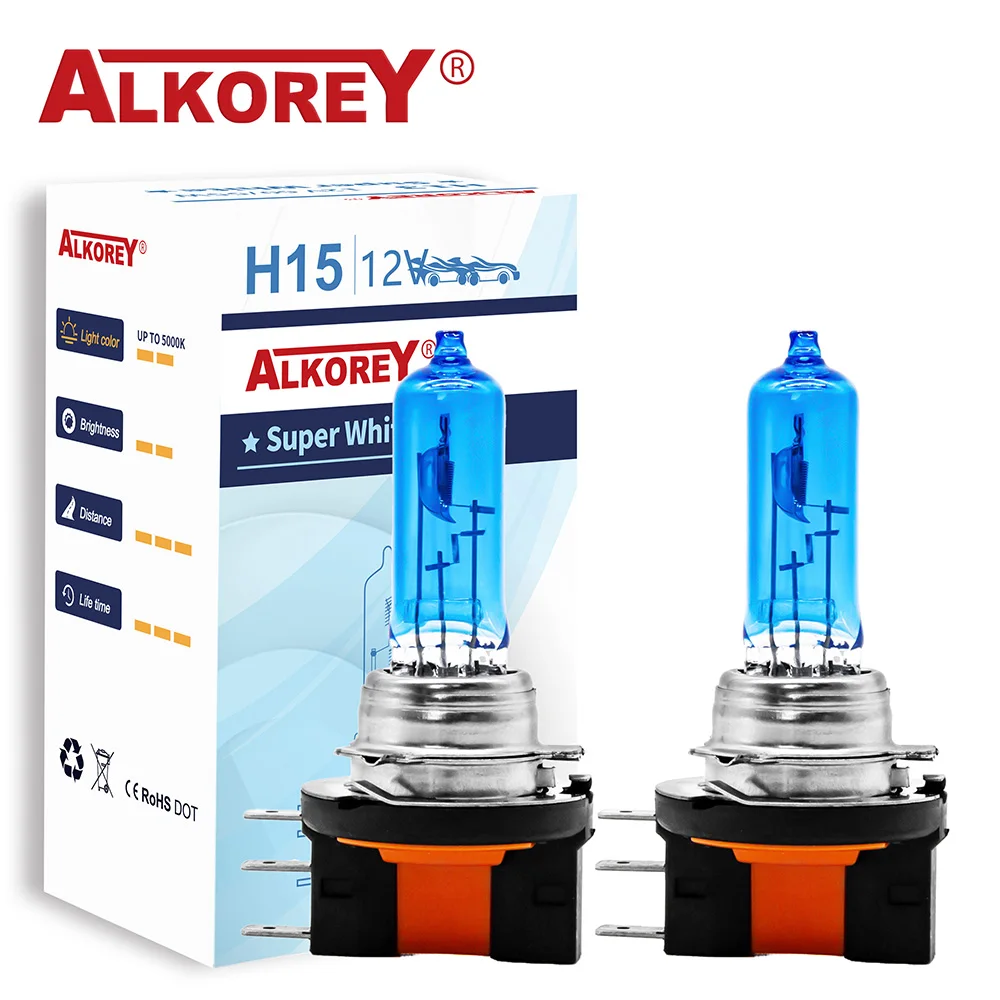 ALKOREY 2 Pcs H15 12V 15/55W Super White 5000K Car Lights Auto Headlight Bulbs Low Beam High Beam Halogen Lamps