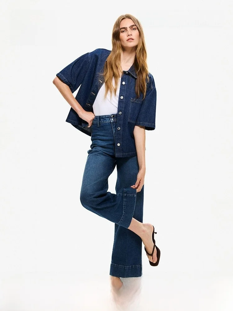 

High Waist Wide Leg Denim Jeans Women's Fashion Autumn Cotton Lycra Elastic Fiber Youth Fit H&M 1297530 Summer New Arrival
