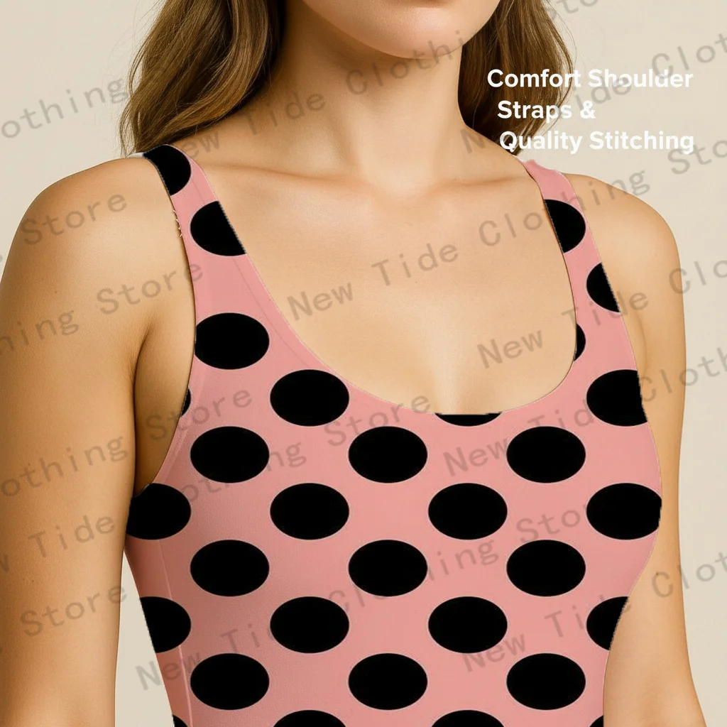Damski różowo-czarny strój kąpielowy jednoczęściowy w grochy, bez rękawów, dopasowany, na plażę, wakacje letnie, do basenu.