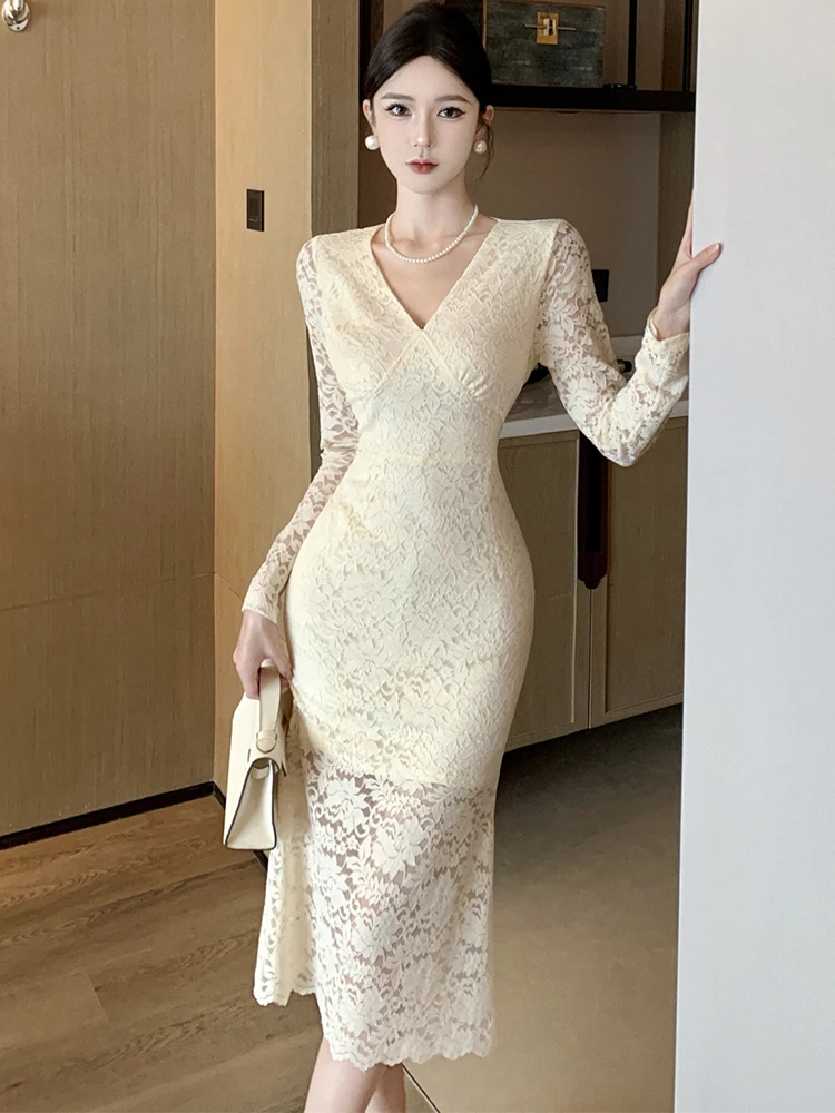 秋の白いレースのフックフラワー柄、透かし彫りVネックセクシーロングドレス、女性用エレガントなボディコンカジュアルドレス、2025年韓国高級イブニングドレス