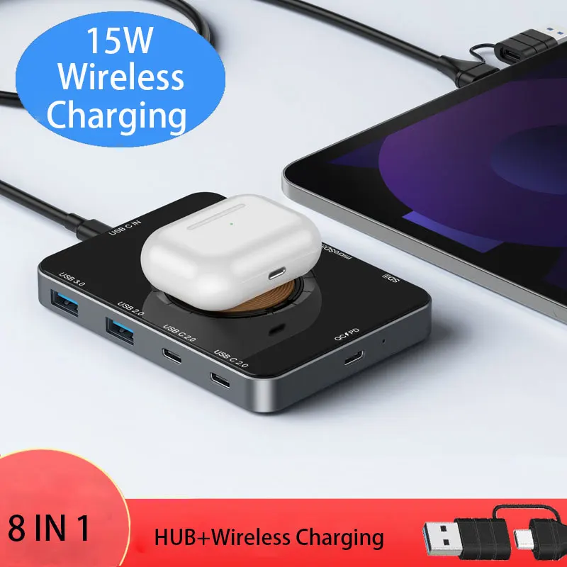 

USB HUB Type C Wireless Charging Adapter USB Splitter USB C 2.0 Data SD/TF Reader For Laptop Computer MacBook Air/Pro iPhone