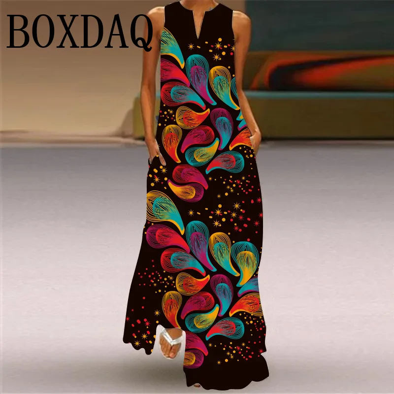 Seksowna sukienka bez rękawów z dekoltem w szpic dla kobiet Letnia moda Sundress Retro Print Długie sukienki z kieszenią Maxi Dress Femme Vestidos