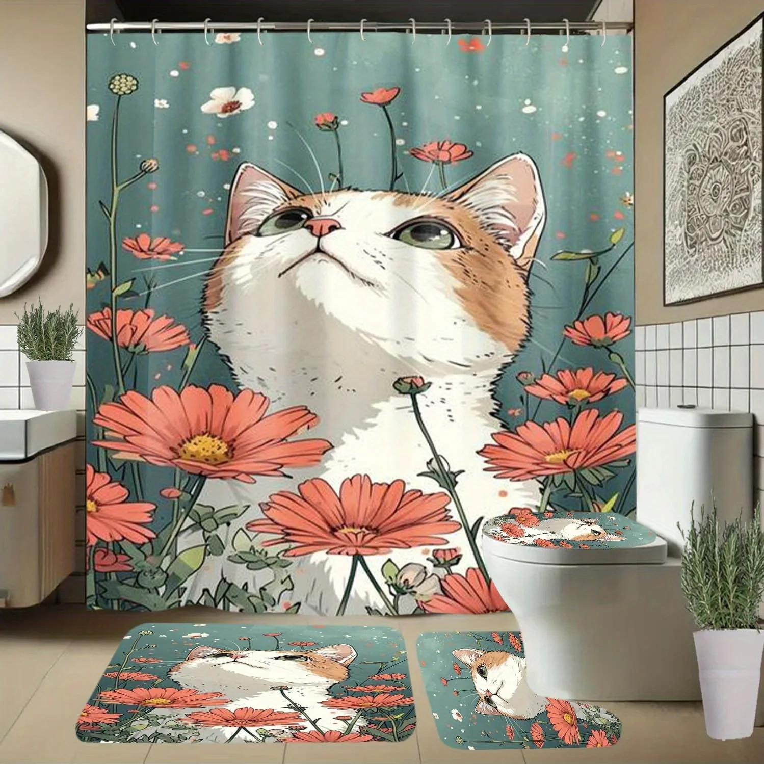 

4 шт., занавеска для душа с котом, цветочным узором и крючками, занавеска для перегородки ванной комнаты, аксессуары для ванной комнаты, украшение для дома, All-S
