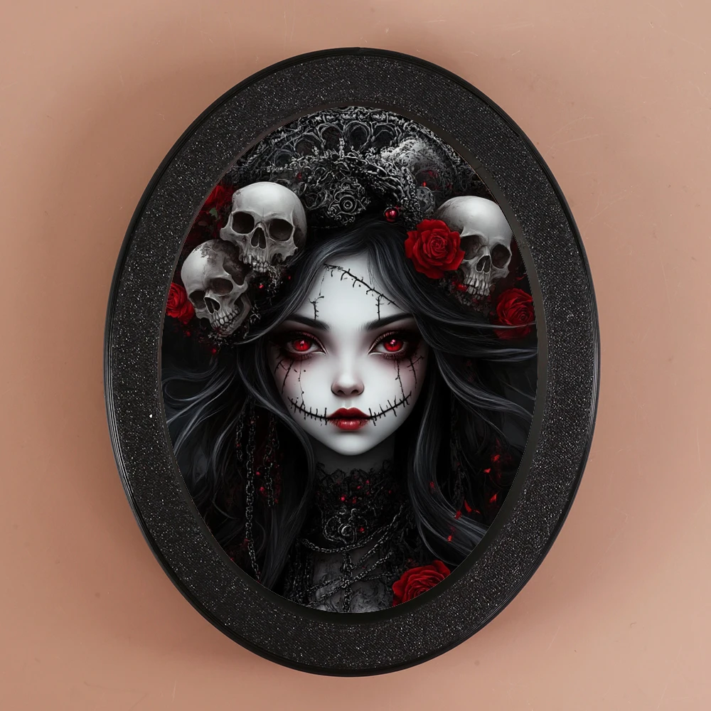 1-teilige ovale Dekoration im dunklen Gothic-Stil, schwarzer Retro-Rahmen zeigt Totenkopf- und Rosenszene, kreiert geheimnisvolle und finstere Atmosphäre