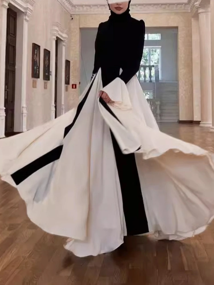 Women's O Neck Flare Sleeves Patchwork Long Dress Women White Black Contrast Color Long Sleeve A-line Dresses Evening Party Gown