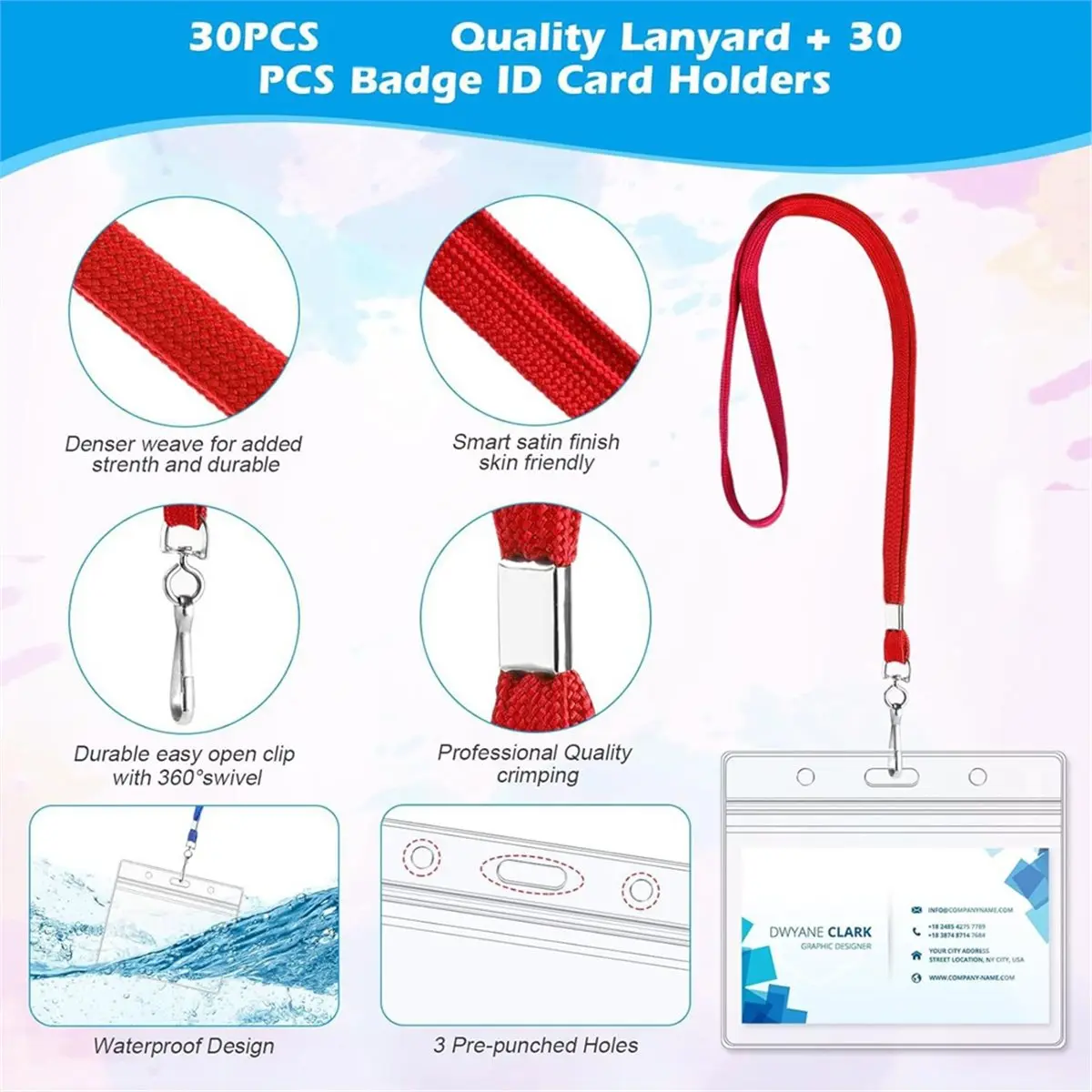 ABZT 20pcs Clear Plastic Horizontal Name ID Holders and Red Lanyards, Suitable for Offices, Schools, Work Volunteers, Red