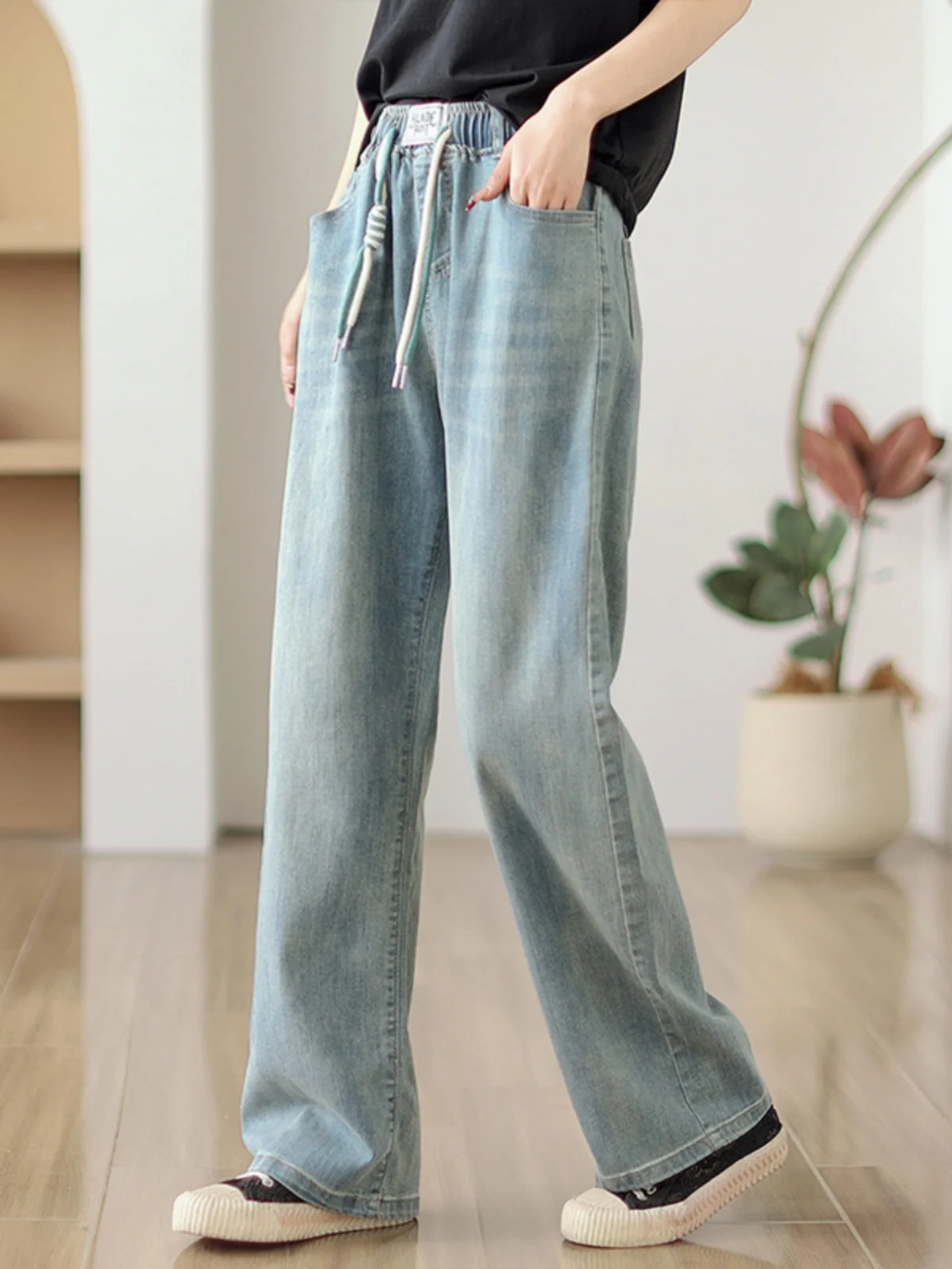 8039 Elastic High Waist Casual Loose Jeans For Women Spring Autumn Straight Drawstring Blue Wide Leg Denim Pants Female Trousers