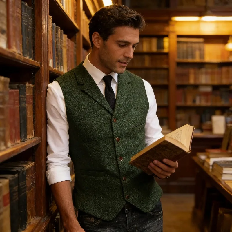 

Mens Wool Suit Vest Slim Fit British Retro Houndstooth Waistcoat Business Office Fashion Outerwear Streetwear Top