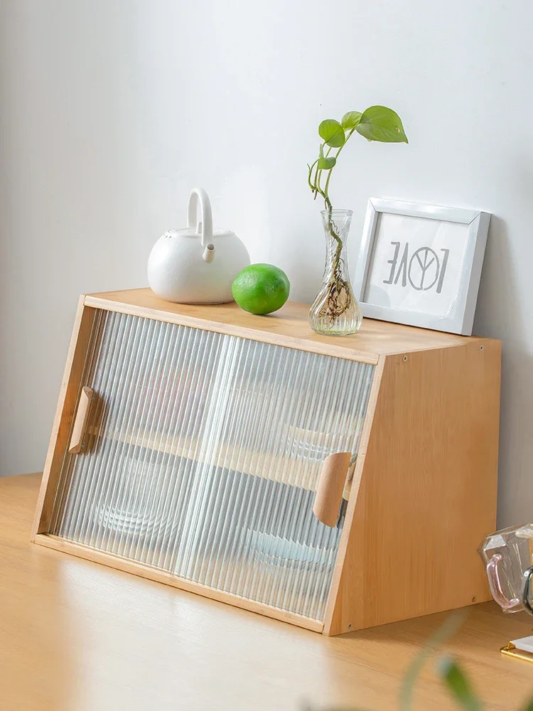 Living room tea set storage cabinet modern desktop  cup shelf solid wood glass Japanese dust  rack