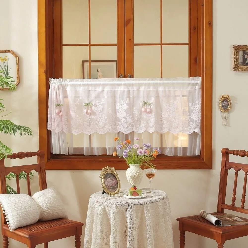 Pastoral Style Floral Lace Curtains Lace Trim Dust-Proof Cafe Curtains Light Blocking Sheer Voile Short Curtains Restaurant