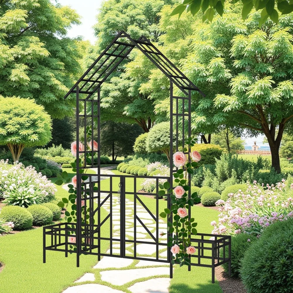 

97.24" H Metal Garden Arbor Arch with Gate and Planter, Arch Trellis for Climbing Plants Rose, Wedding Ceremony Archway Decorati