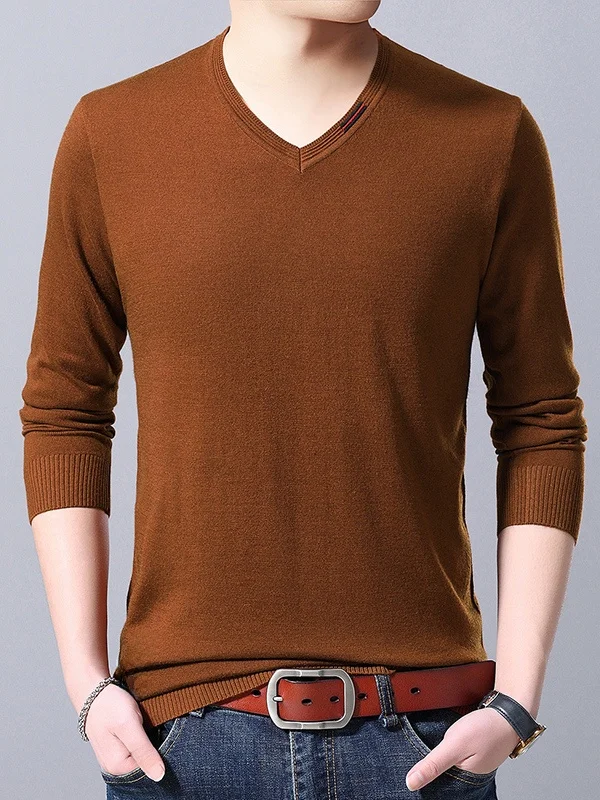 

Men's V-Ne Knitted Wool Sweater Thin Winter Faionable Breathable Comfortable Pure Color Base Layer T-irt for Youth