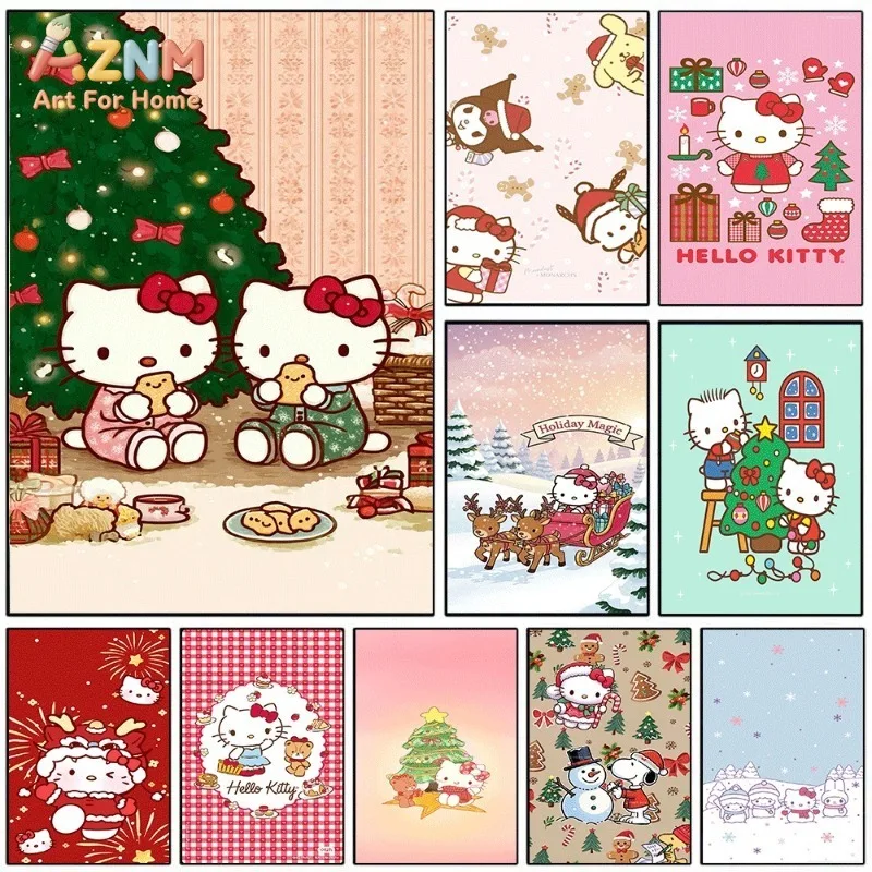 Hello Kitty Twin Characters Christmas Tree Cute Cartoon Canvas Wall Art Unframed Canvas Poster Print for Kids Bedroom Nursery Ho