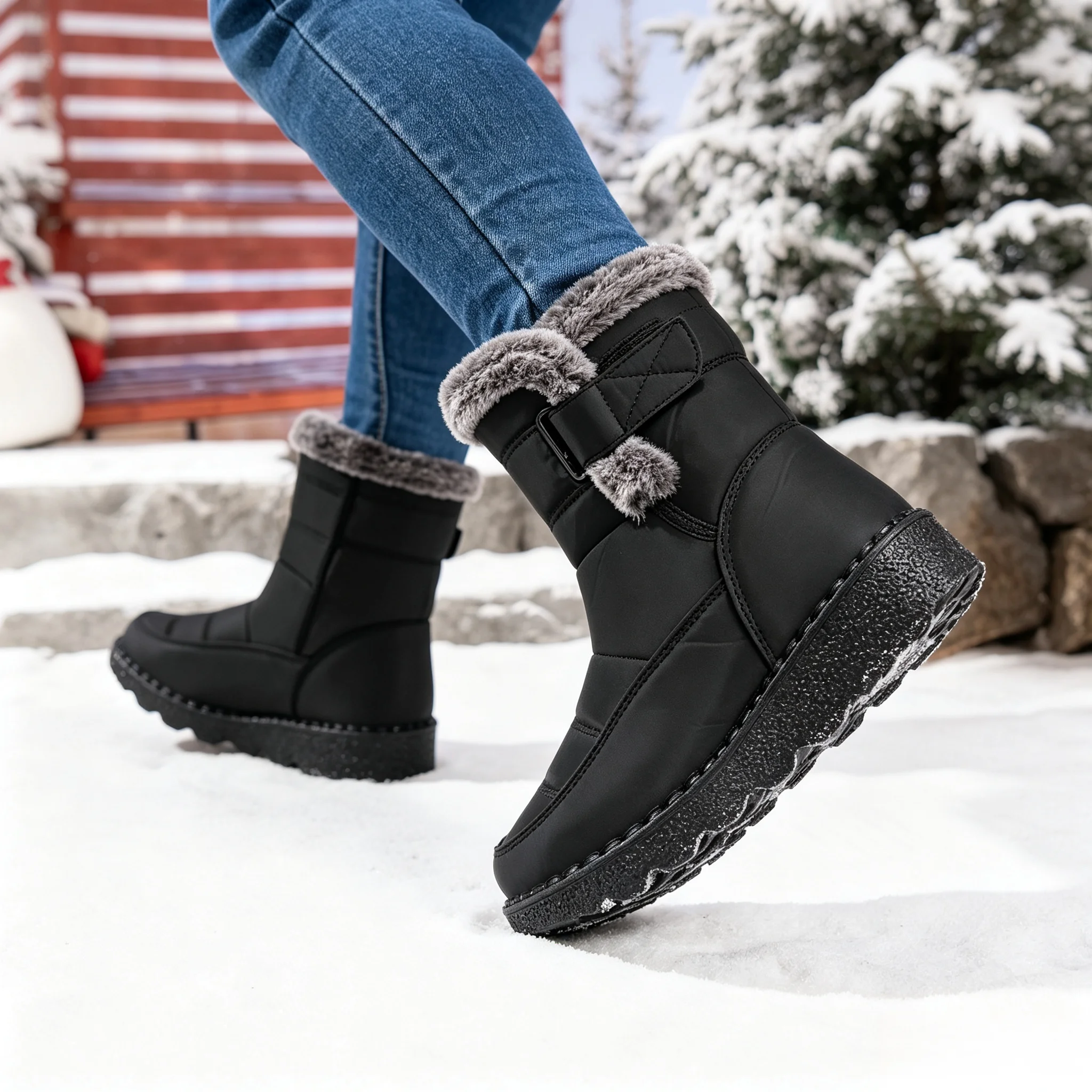 Damen Winter Pelzige Plateau-Schneestiefel 2026 Trend Wadenlange Winterstiefel Wasserdicht Rutschfest mit Schnalle Warm Flauschig Outdoor – Detail 5
